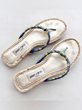 Jimmy Choo Braided Leather Espadrille Flip Flops Luxe Summer Sandals